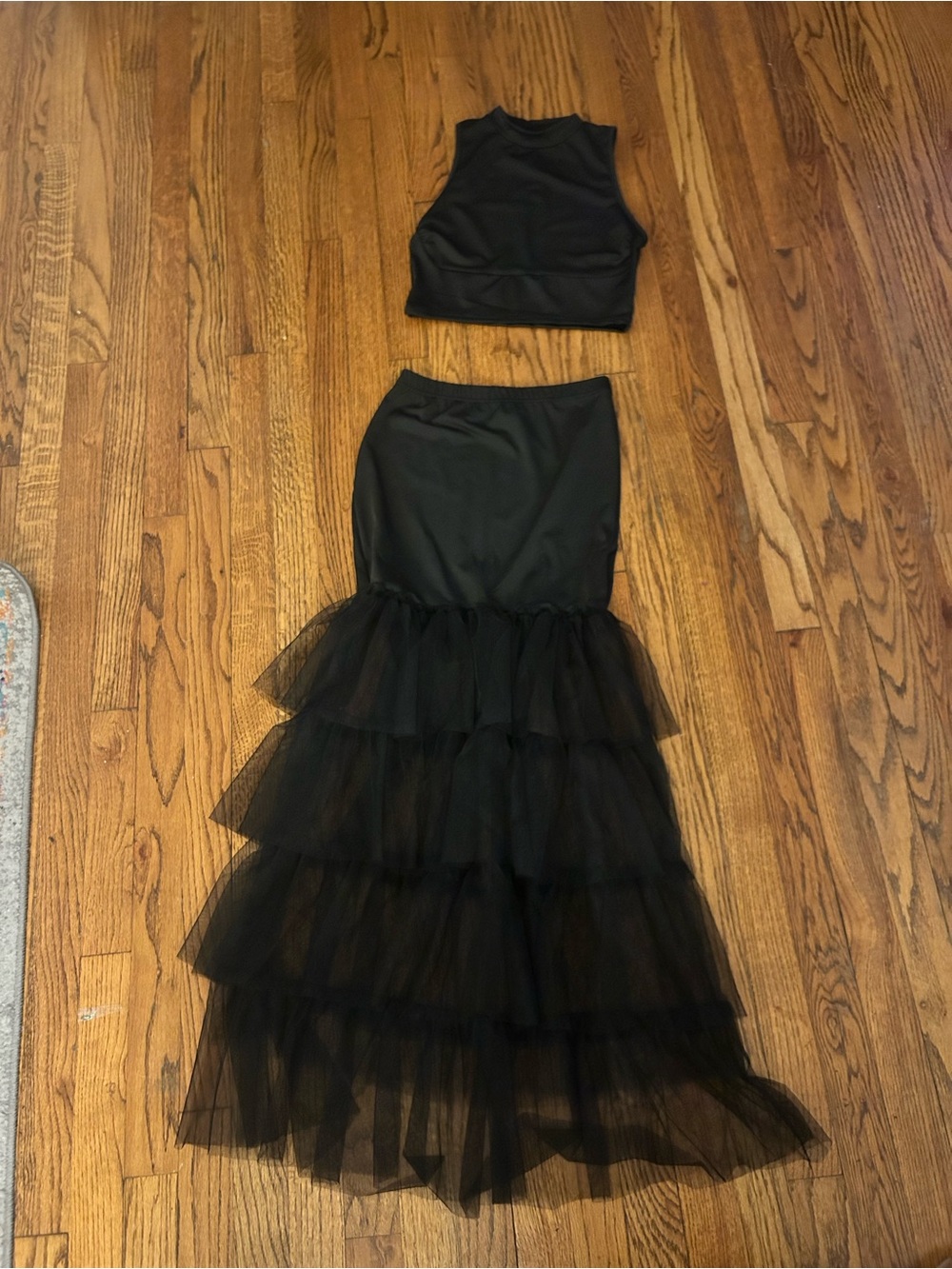 Two-Piece Black Tulle Maxi Skirt & Crop Top Set